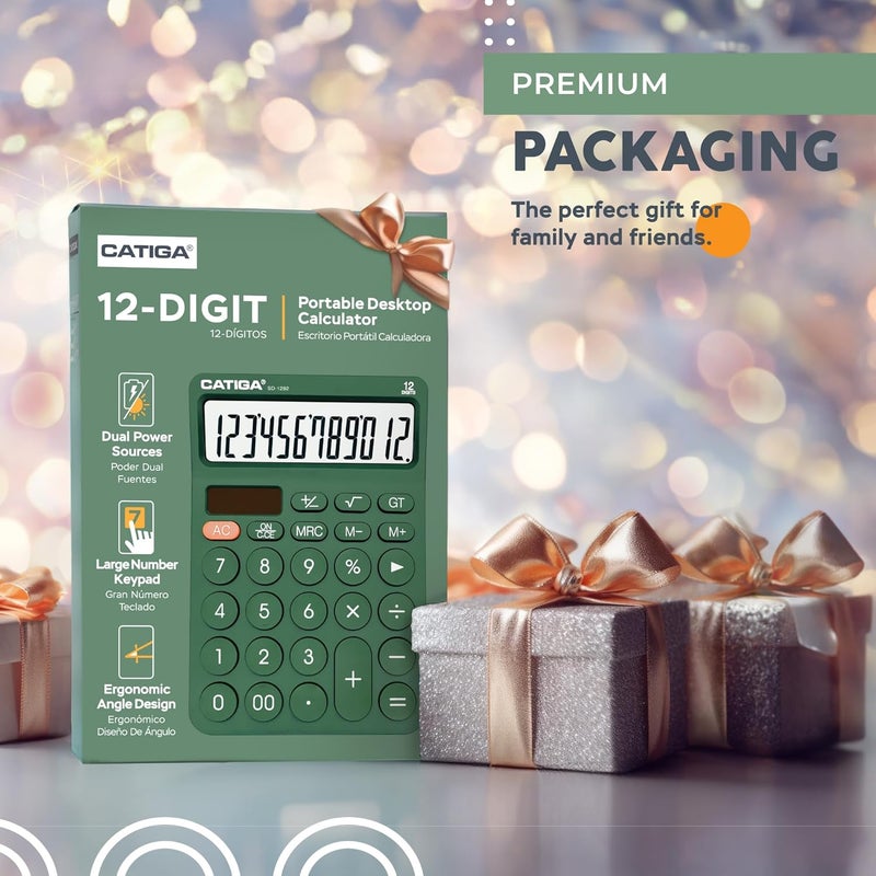 CATIGA 12 Digit Desktop Calculator Basic Desk Calculator with Large LCD Display, Big Buttons, 4 Function, Solar and Battery Dual Power, for Office, School, Home, SD-1292 Green - Image 2